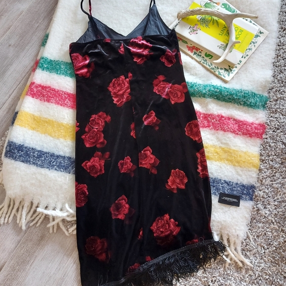 Vintage 90s velvet floral dress fringe asymmetrica - Picture 3 of 6